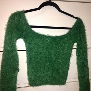 Green Off Shoulder Cropped Fuzzy Sweater